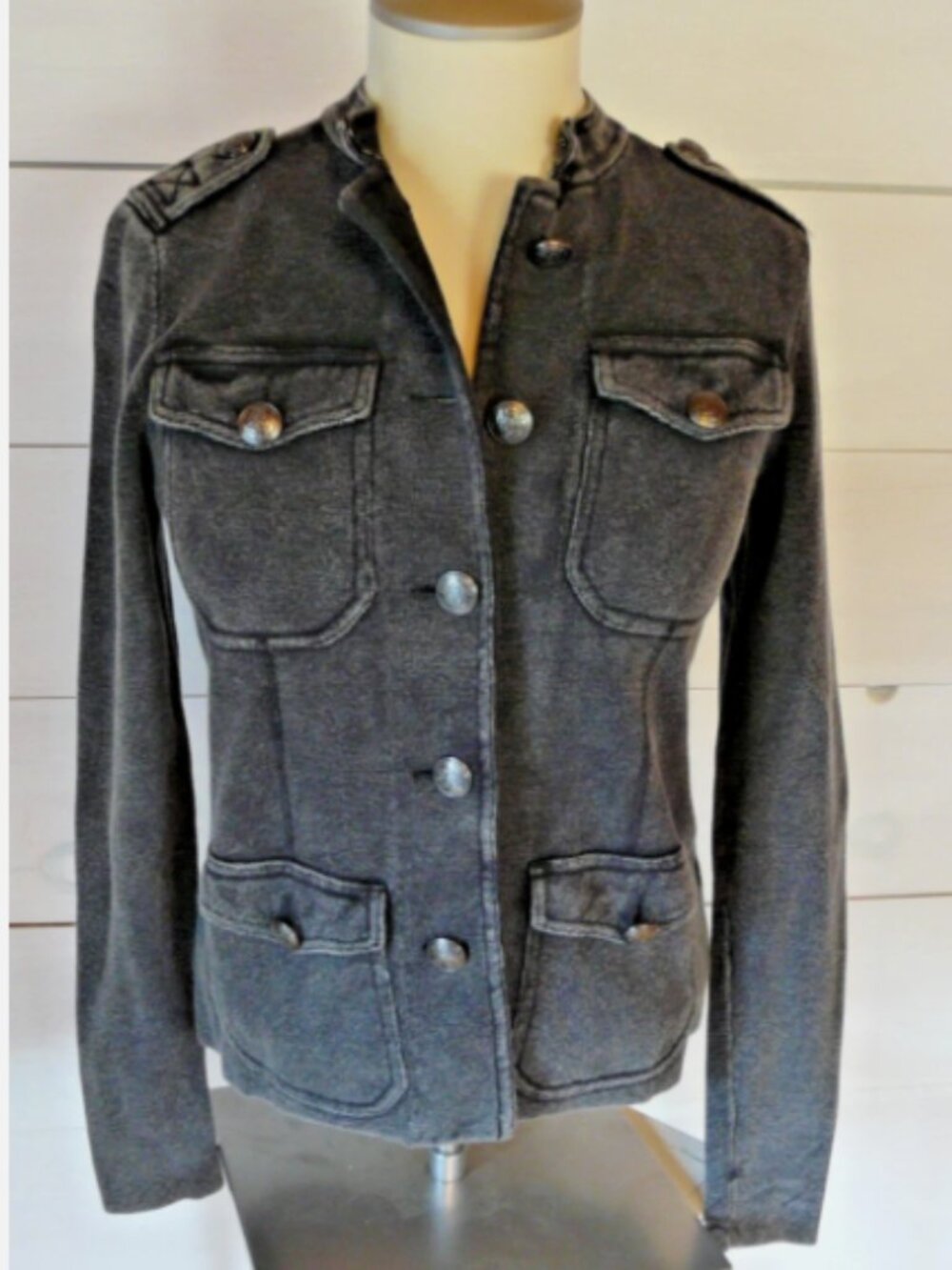 Free People Women's Military Jacket Cotton Cardigan Button Up Black Gray XS